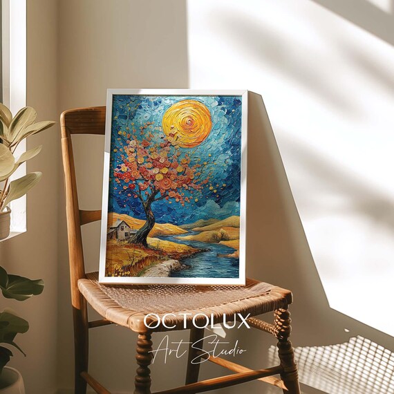 Van Gogh Inspired Palette Knife Landscape Vibrant Sun And Blossoming Tree Textured Impasto Painting Starry Night Aesthetic Art Print