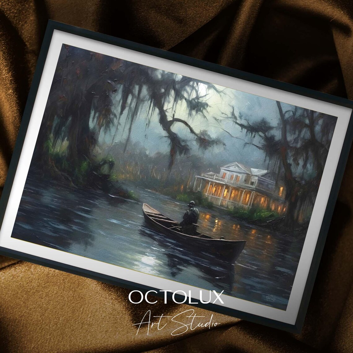 Southern Gothic Haunted Bayou Mansion Moonlit Boatman Dark Wall Art Print - Image 2
