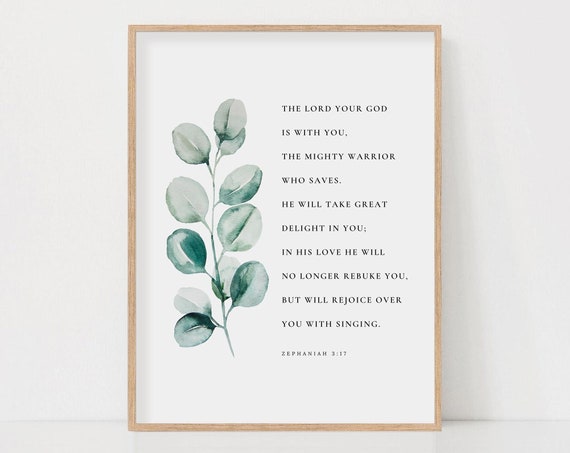 Zephaniah 3:17 Botanical Watercolor Scripture Art Print