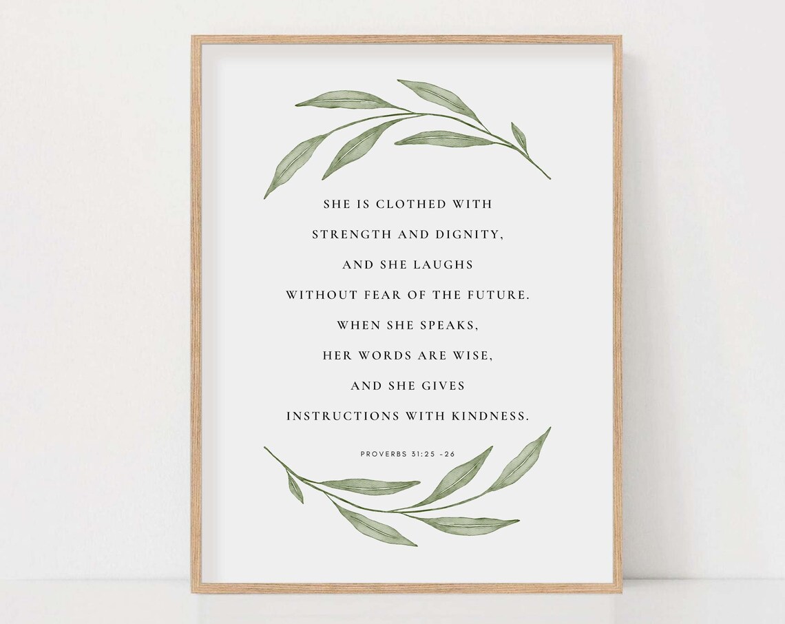 Proverbs 31:25-26 Scripture Art Print, Christian Botanical