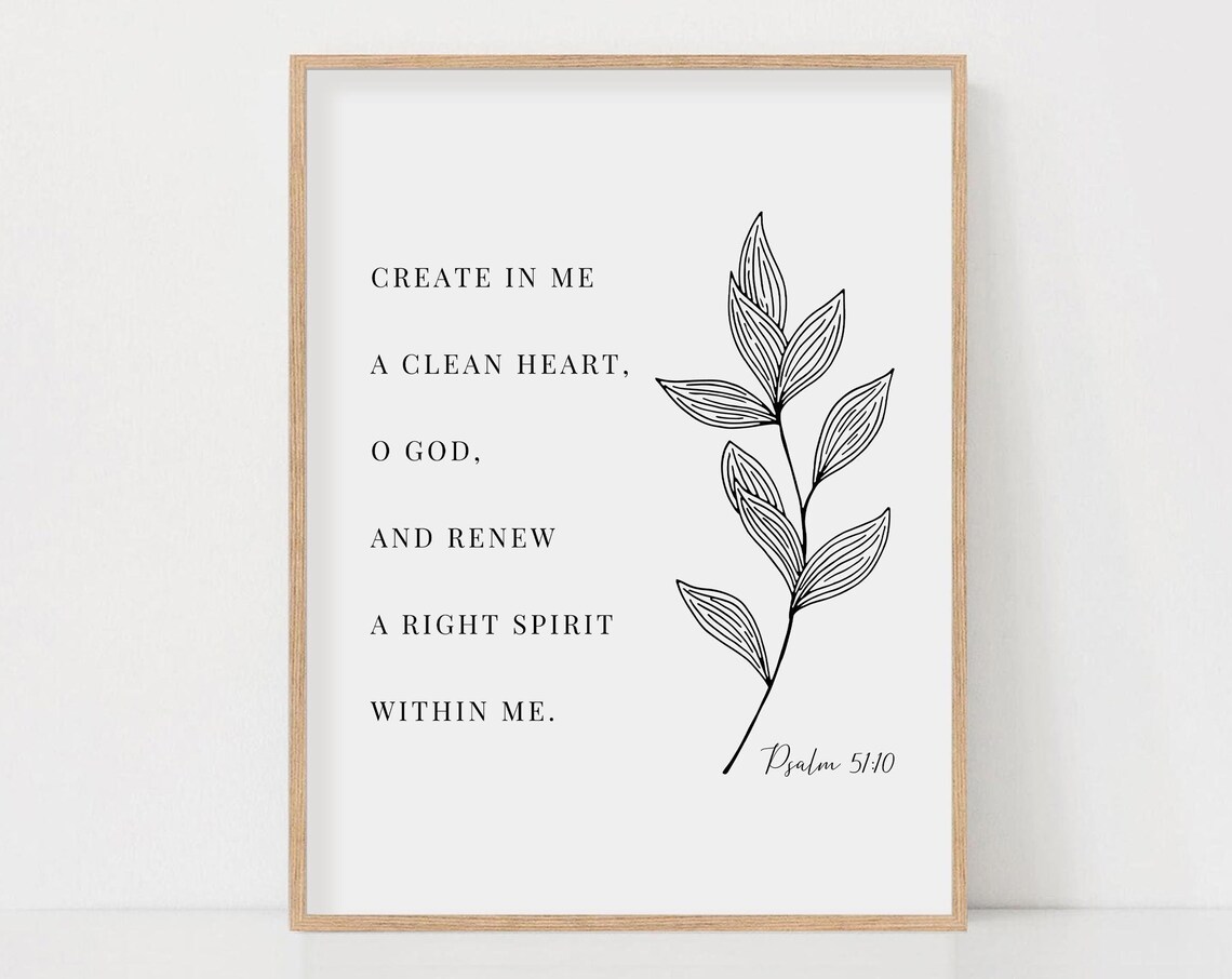 Psalm 51:10 Botanical Scripture Art Print, Christian Home