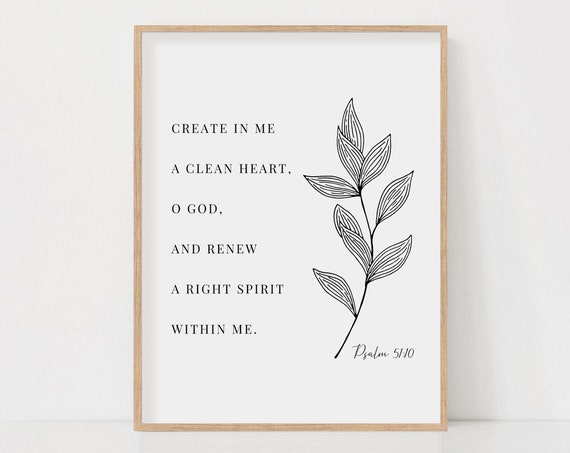 Psalm 51:10 Botanical Scripture Art Print, Christian Home