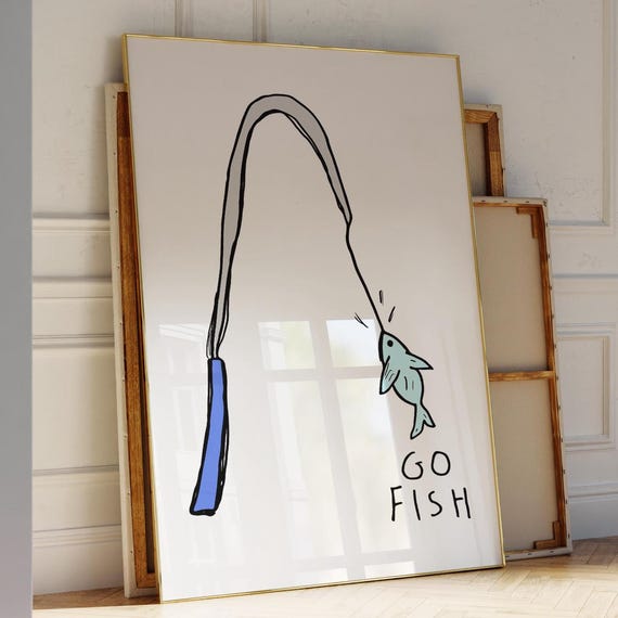 Fishing Wall Art Print Go Fish Cute Illustration Modern Minimalist Decor Fun Kids Room Playful Home