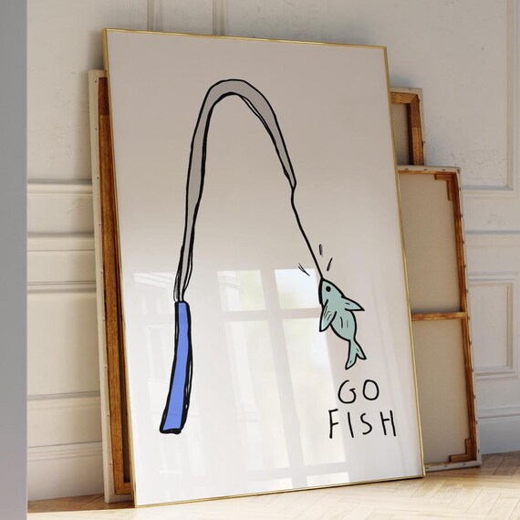 Go Fish Bent Fishing Rod Caught Fish Funny Doodle Kids Room Art Poster