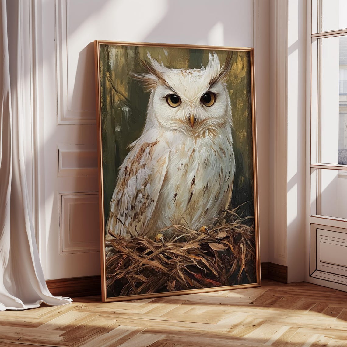 Charming White Owl Gazing From A Nest On Green Gold Backdrop Poster