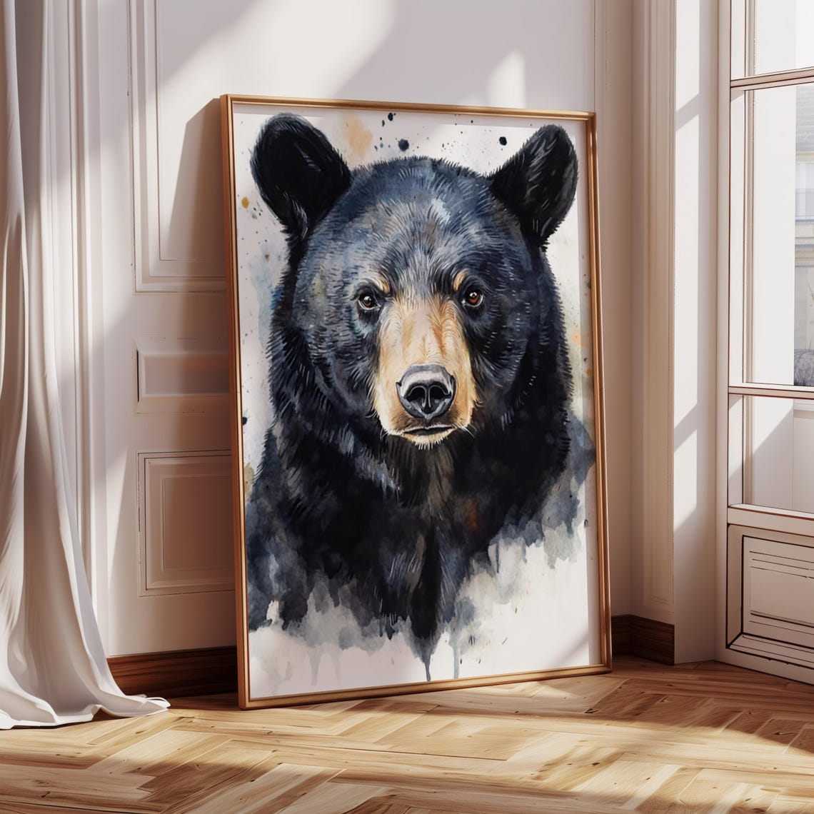 Black Bear Watercolor Portrait White Background Splashes Poster - Image 3