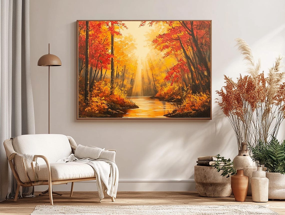 Autumn River Flowing Through a Sunlit Forest Fall Scenery Poster
