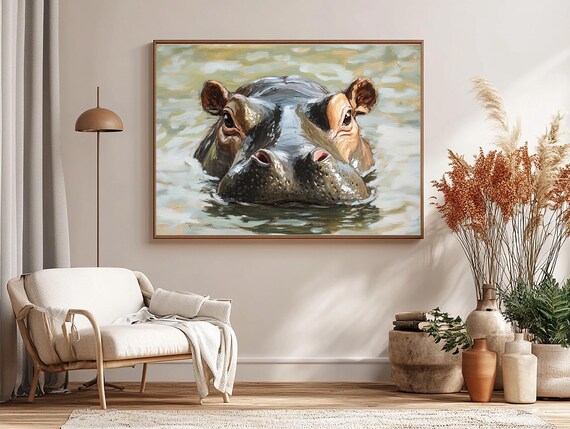 Hippopotamus Emerging From Water Close Up Oil Painting Poster