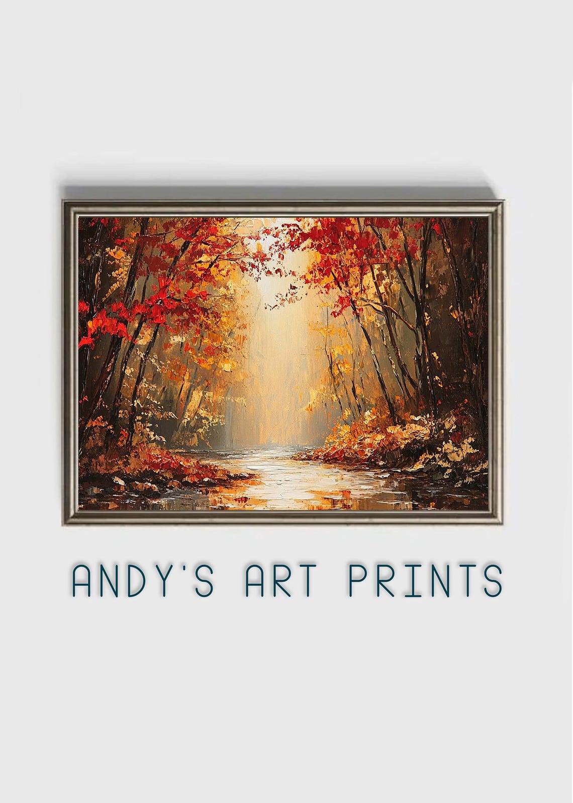 Autumn Stream Winding Through a Red Leaf Forest Landscape Poster - Image 2