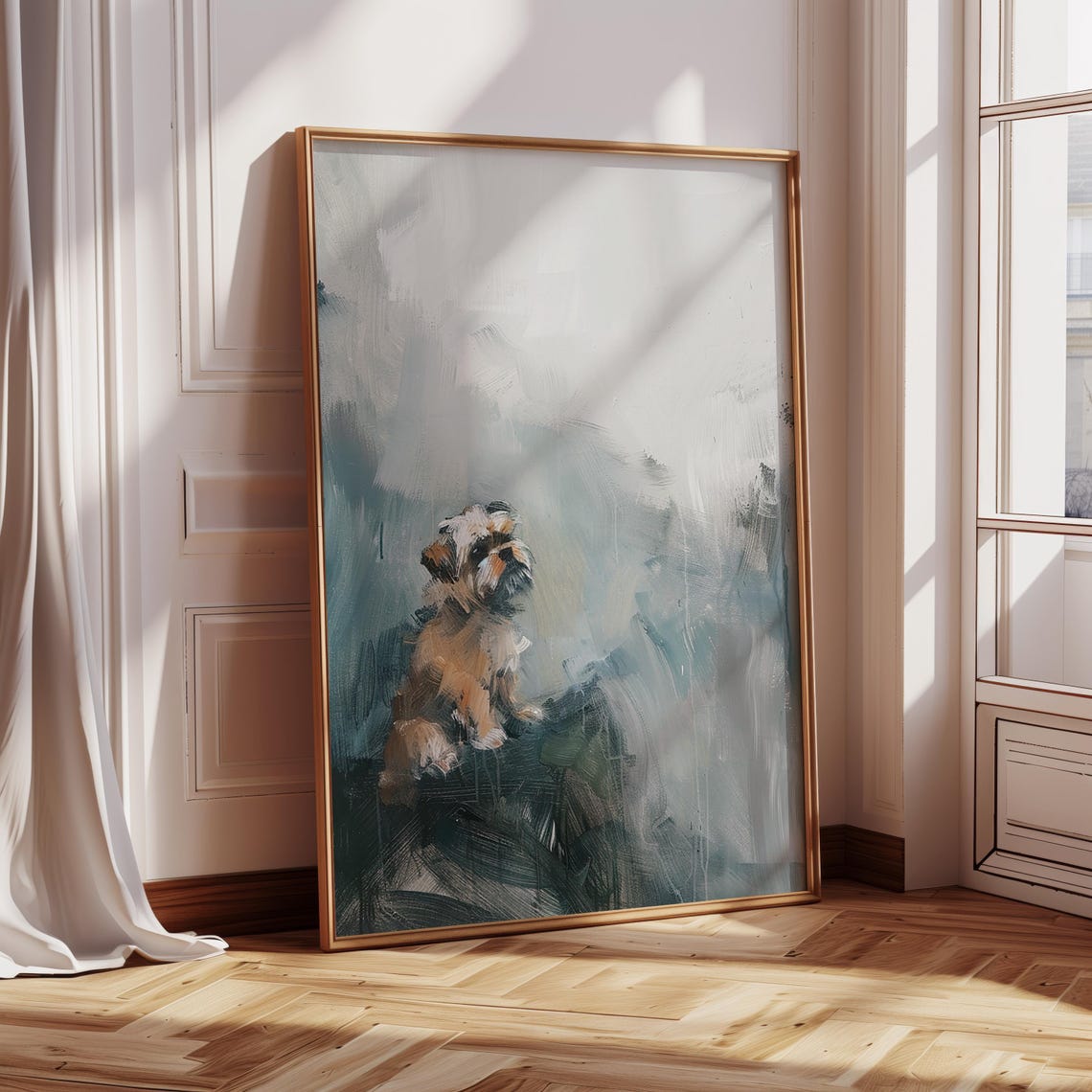 Small Scruffy Dog Sitting In Misty Grey Minimalist Painting Print