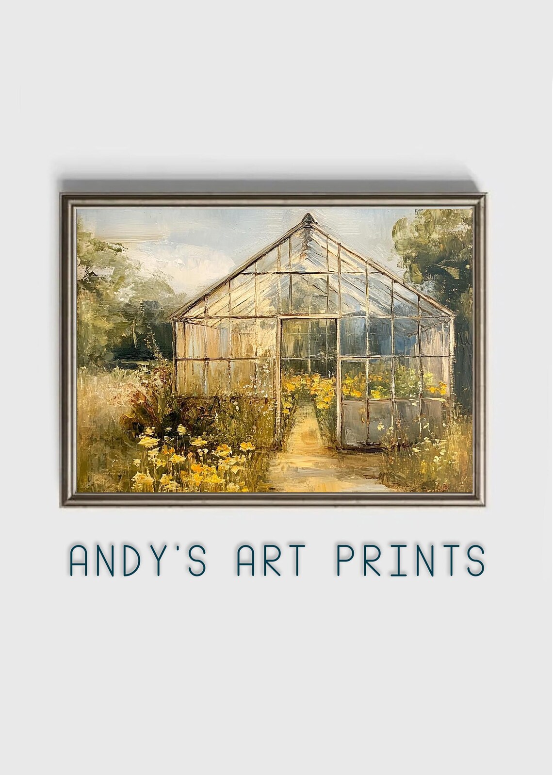 Vintage Glass Greenhouse Among Wildflowers Oil Painting Poster - Image 2