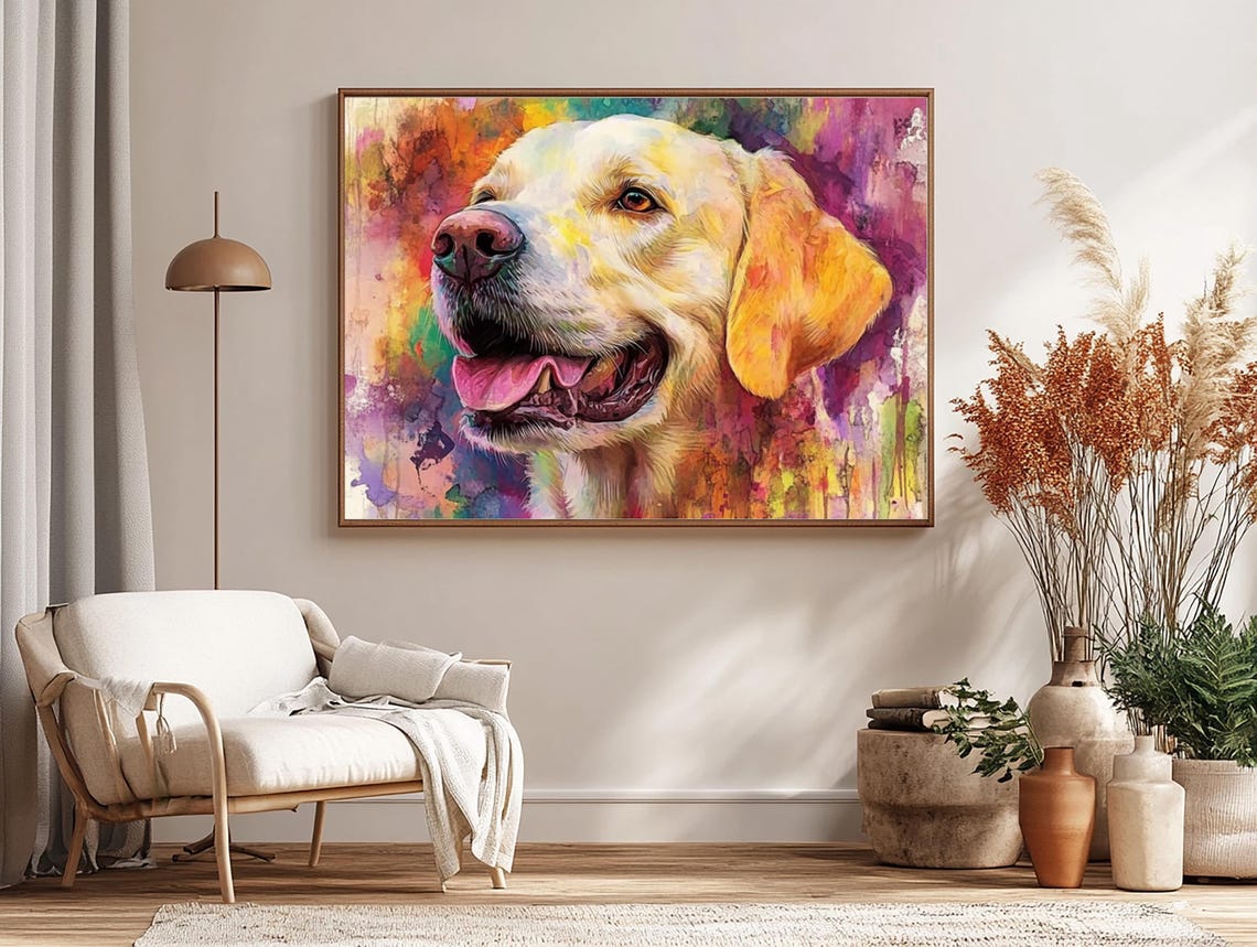 Colorful Watercolor Smiling Yellow Labrador Portrait Art Print