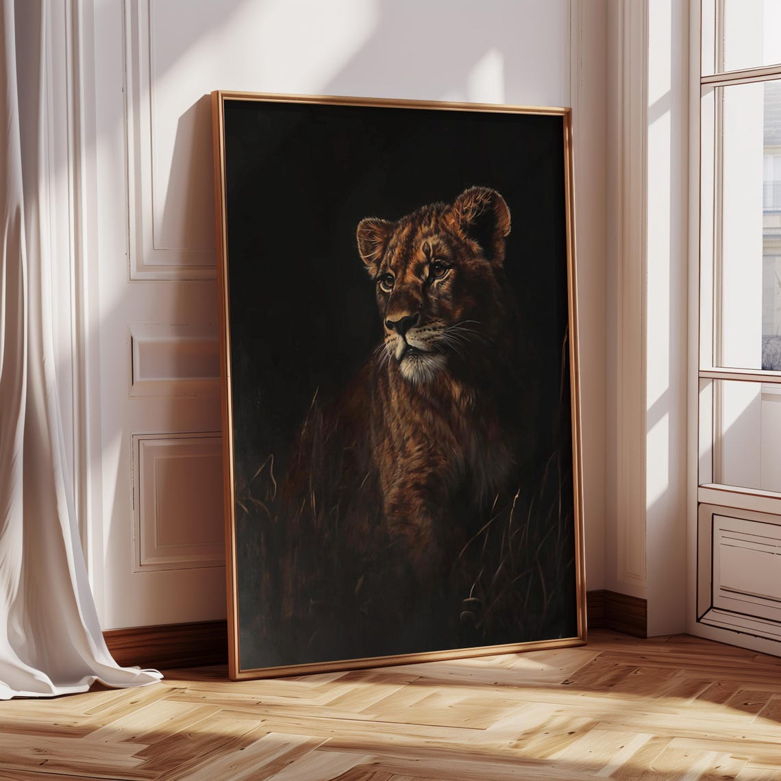 Lioness Emerging From the Dark in a Safari Oil Painting Poster - Image 2