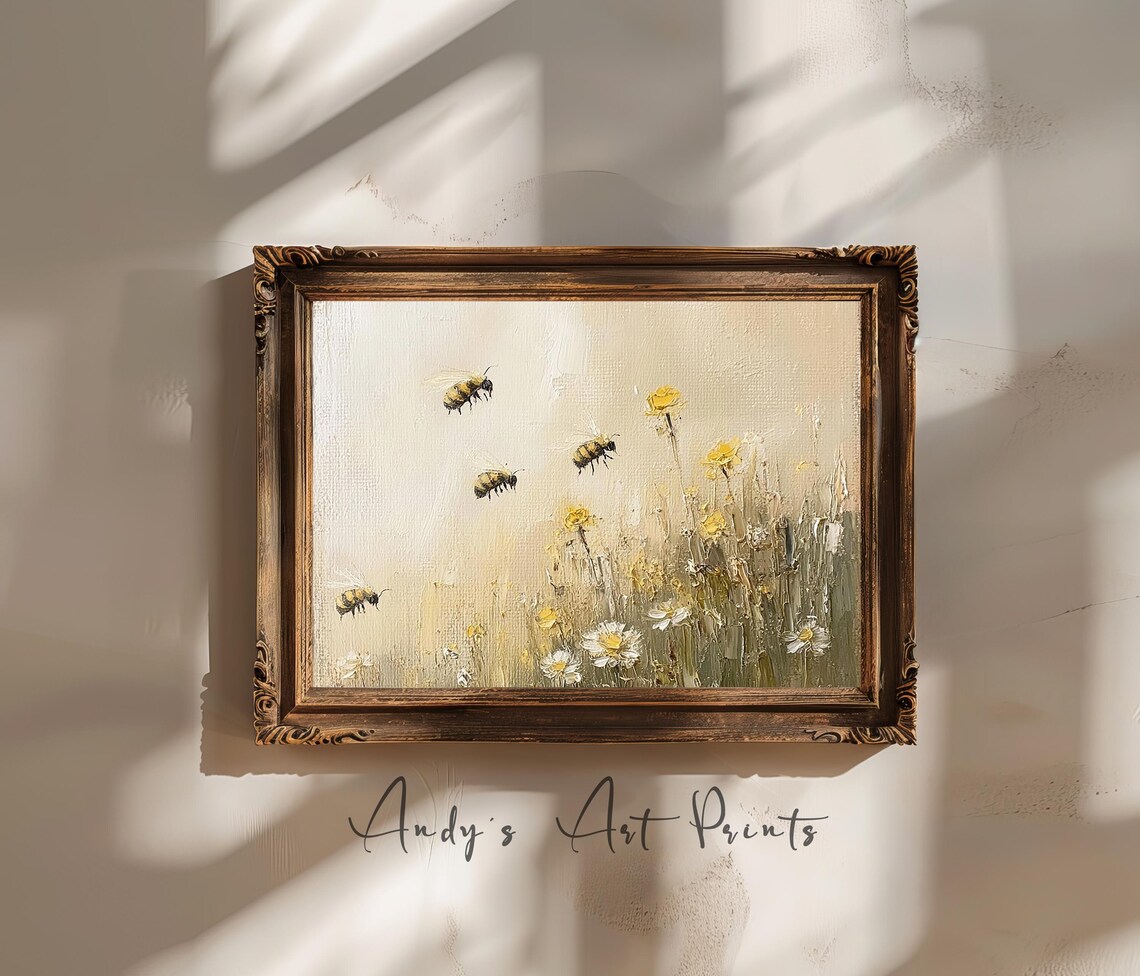 Bumblebees Over Wildflowers Soft Neutral Meadow Painting Poster