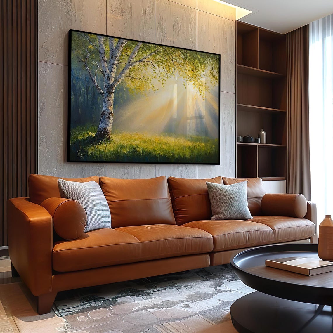 A Sunlit Birch Tree Standing in a Green Forest Meadow Art Poster - Image 3