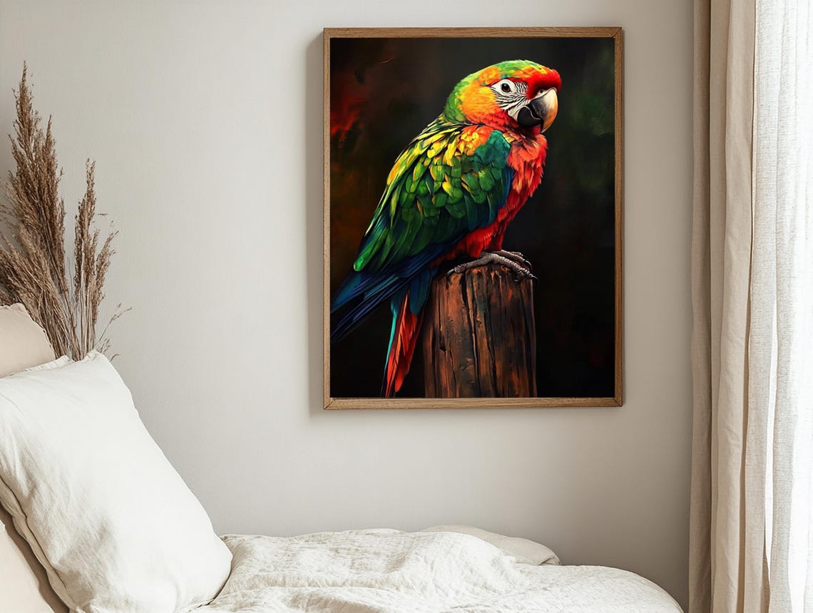 Colorful Macaw Parrot On Wooden Post Dark Background Art Poster - Image 2