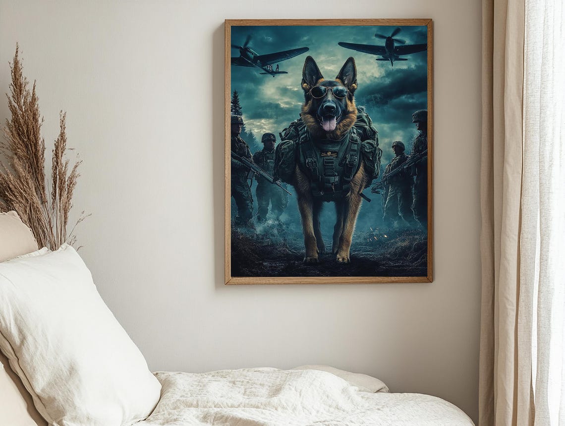 German Shepherd Army Dog in Gear With Soldiers and Warplanes Poster - Image 2