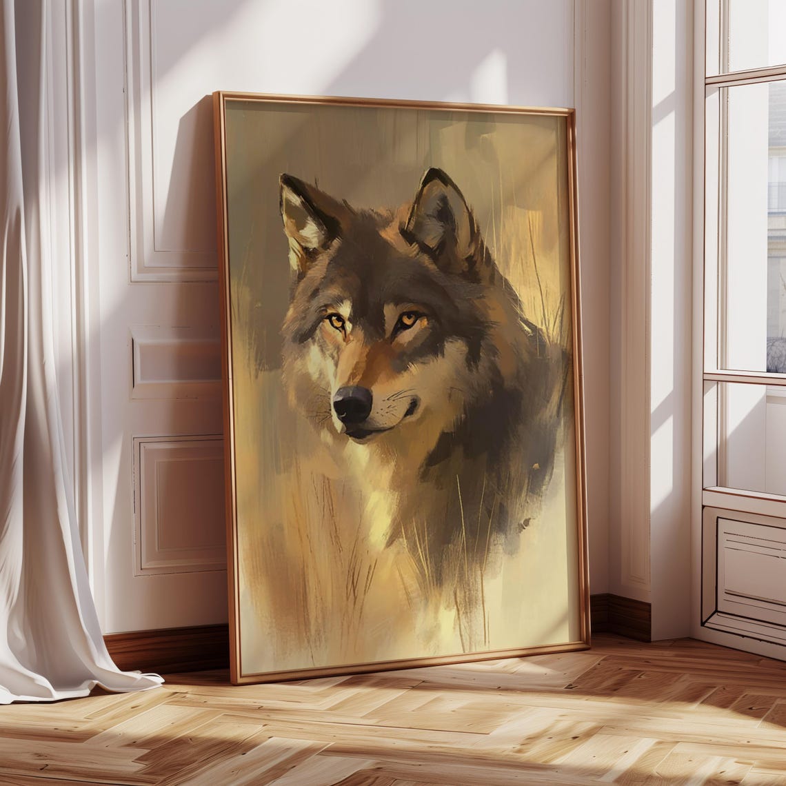 Majestic Golden Wolf With Piercing Amber Eyes Painterly Art Poster