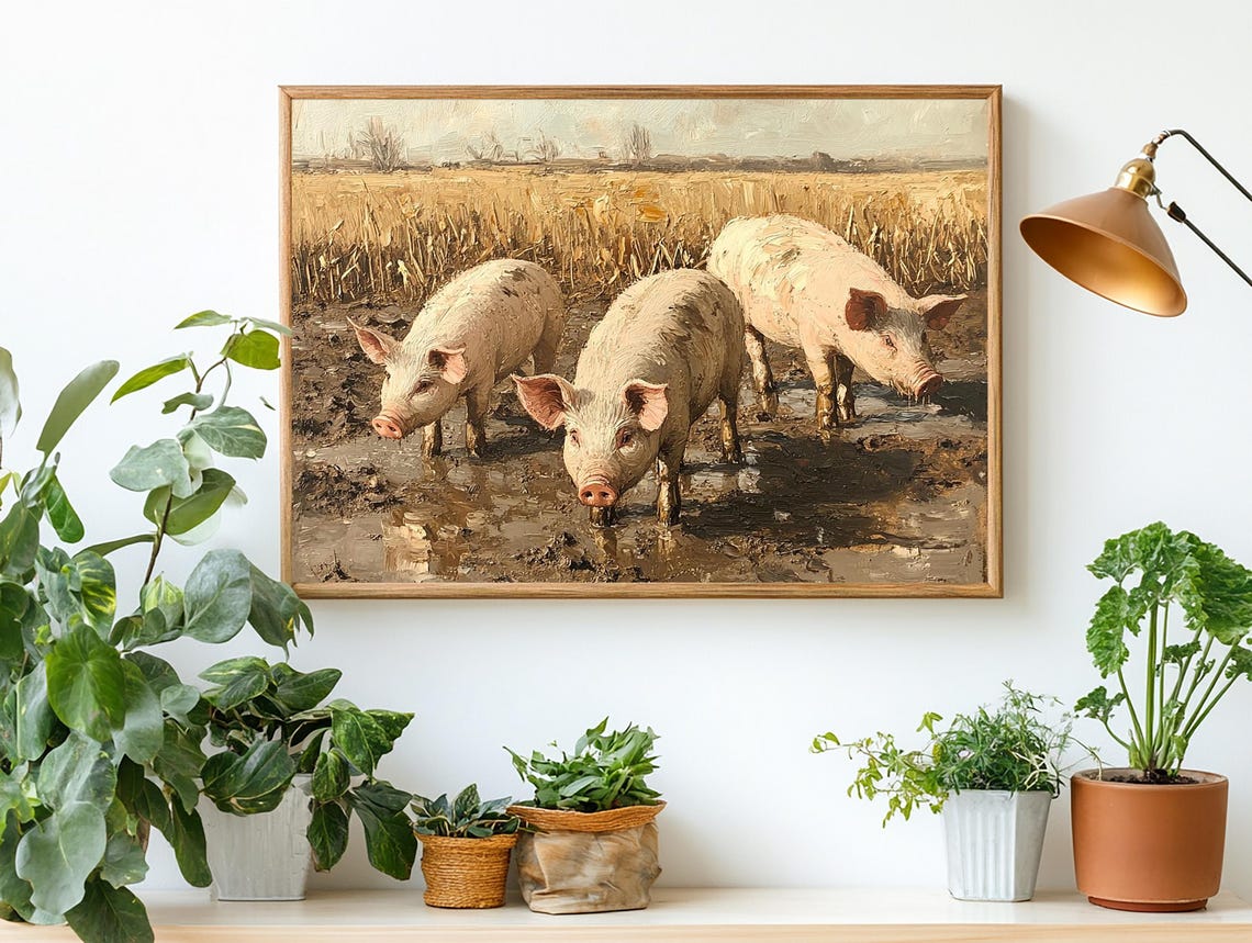 Rustic Scene Of Three White Pigs In A Muddy Golden Wheat Field Poster - Image 2