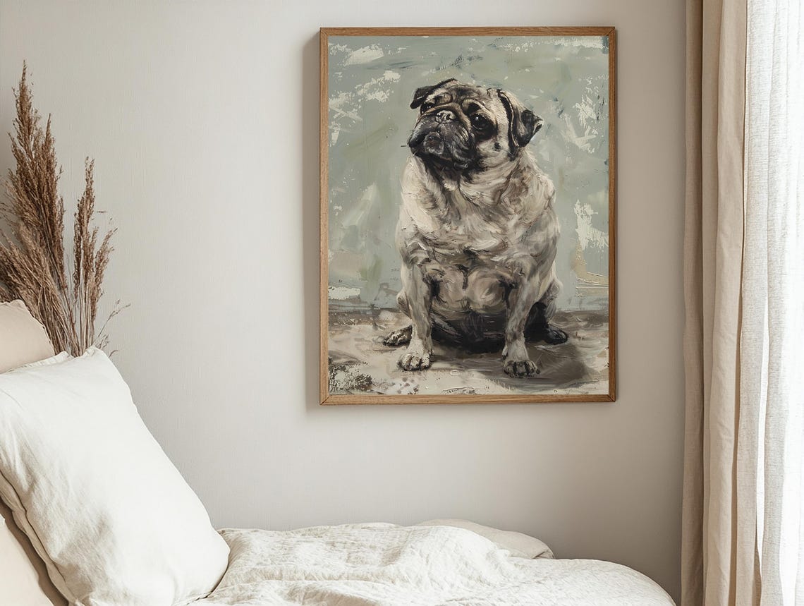 Dignified Seated Pug Portrait Painted In Soft Muted Oil Tones Poster - Image 2