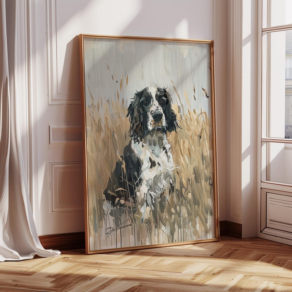 Black and White Spaniel Dog Sitting in Golden Wheat Field Poster