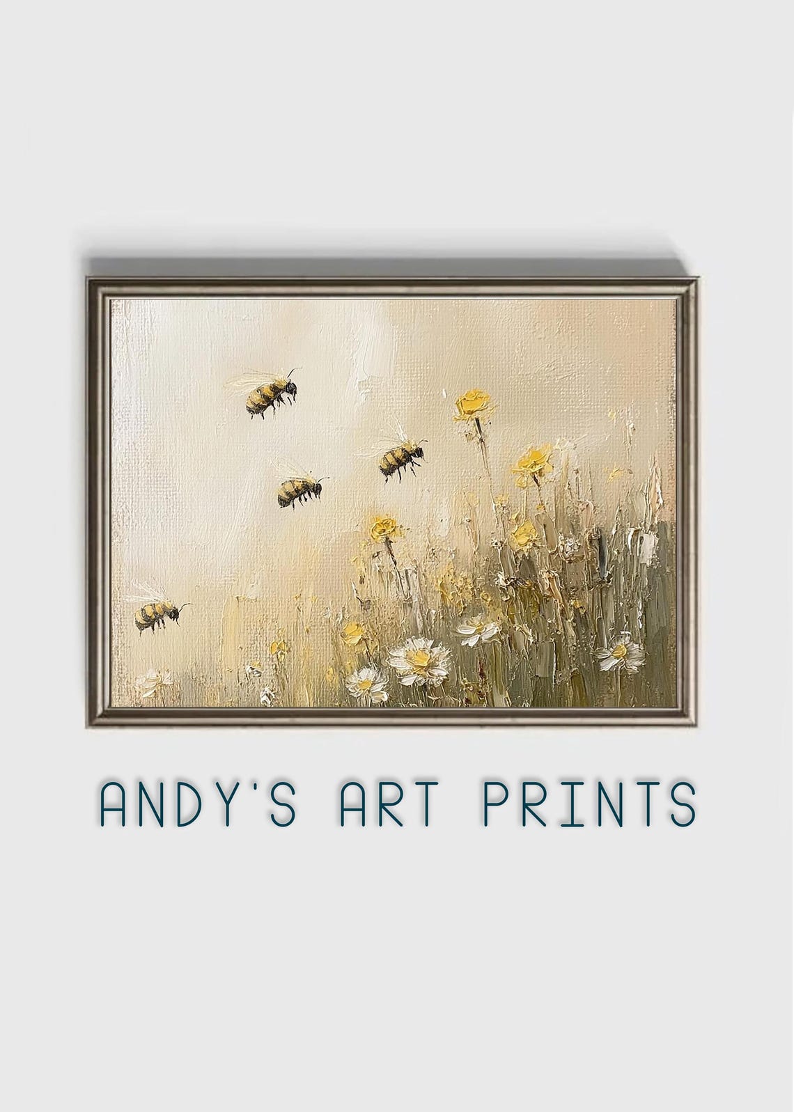 Bumblebees Over Wildflowers Soft Neutral Meadow Painting Poster - Image 2