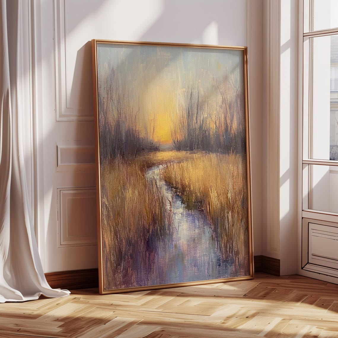 Golden Marsh at Sunset With a Winding Stream Oil Painting Poster