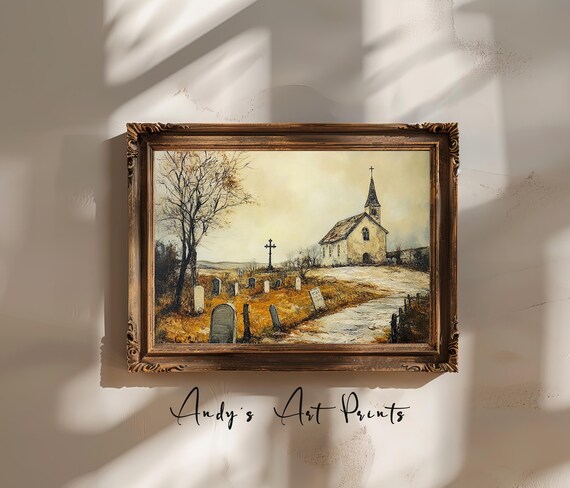 Vintage Church and Graveyard Oil Painting Moody Landscape Poster