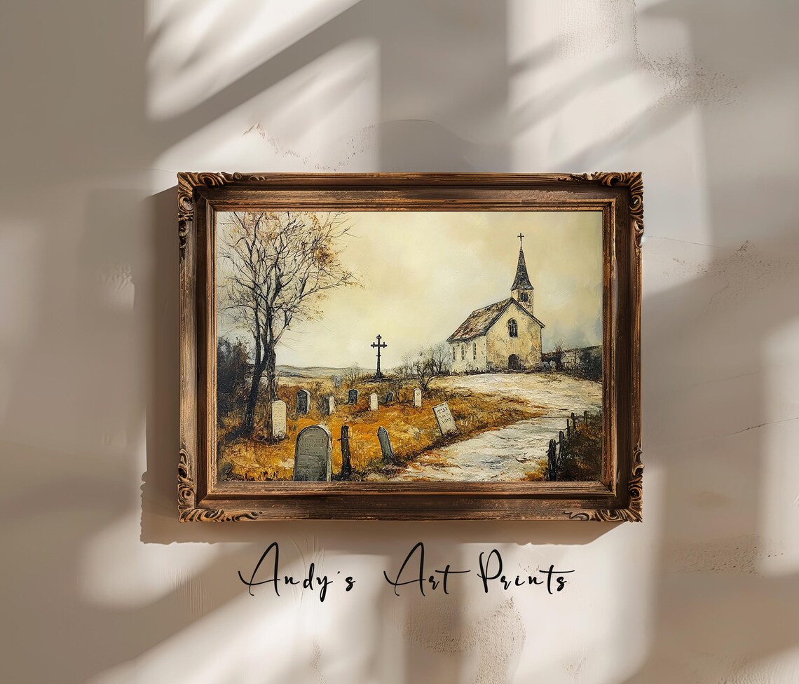 Vintage Church and Graveyard Oil Painting Moody Landscape Poster