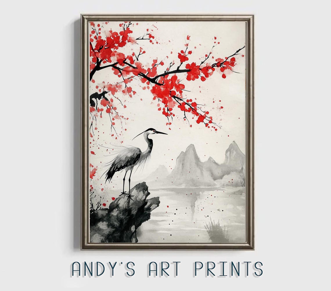 A Heron Standing on a Rock Under Red Blossoms Japanese Ink Poster