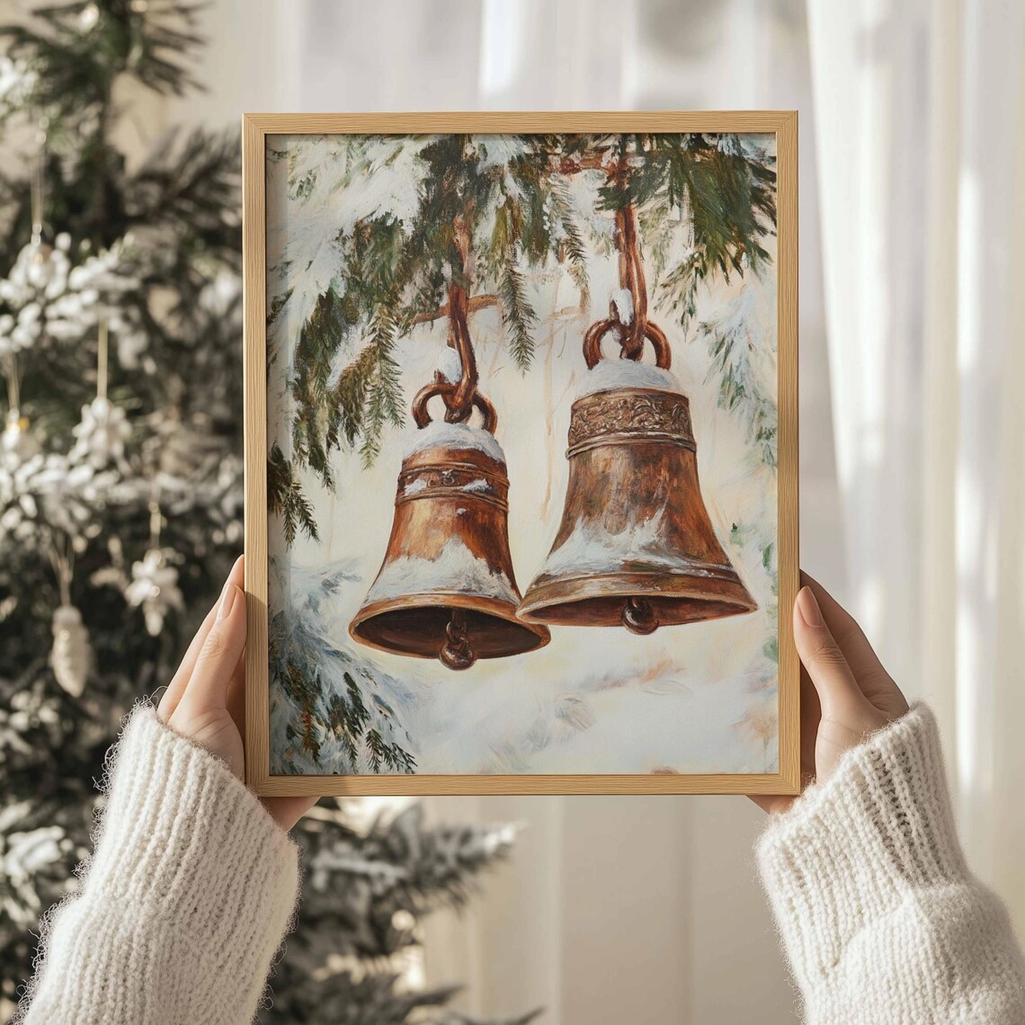 Antique Brass Jingle Bells Snowy Pine Branches Christmas Wall Print - Image 3