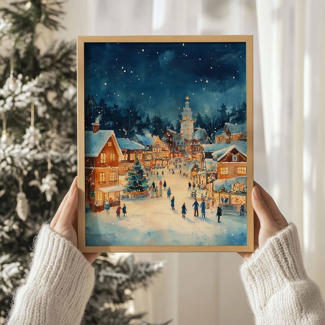 Christmas Village Night Watercolor Glowing Houses Snowy Square Print - Image 3