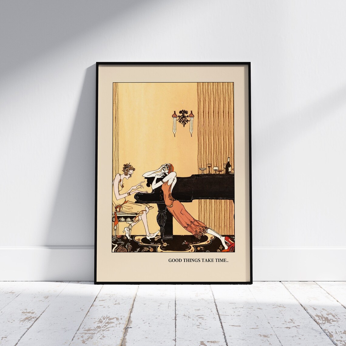 Good Things Take Time Elegant Art Deco Women Piano Vintage Poster