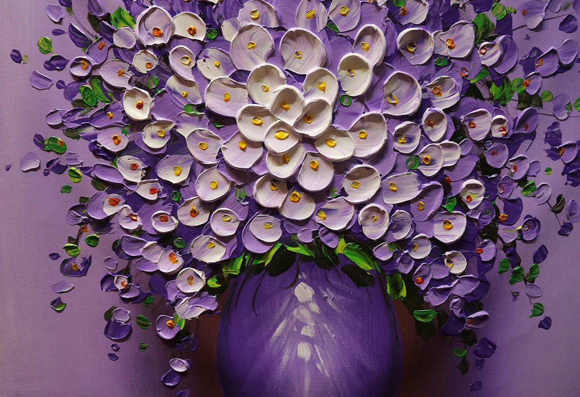 Purple Lilac Bouquet In Violet Vase Lavender Palette Knife Poster - Image 2