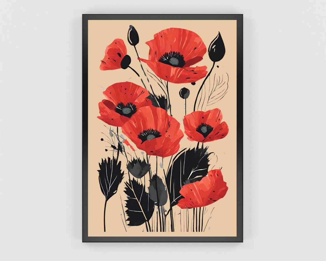 Red Poppy Black Stems Beige Modern Botanical Floral Sketch Poster - Image 3