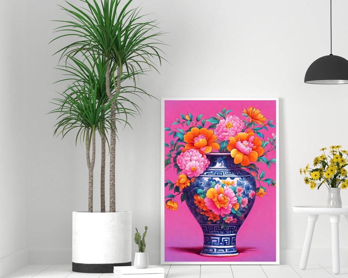 Chinoiserie Vase Peony Art Blue White Porcelain Floral Print - Image 2