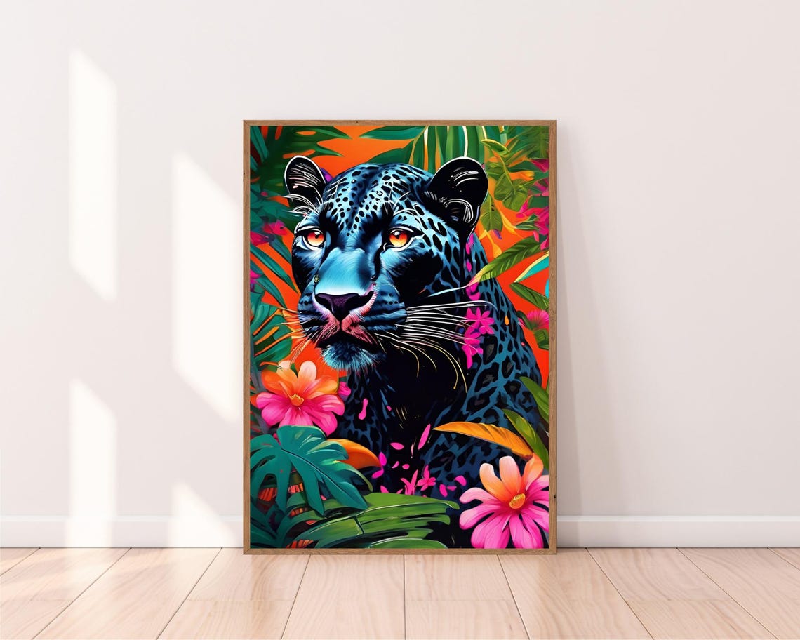 Black Panther in a Neon Tropical Jungle Bold Statement Poster - Image 2