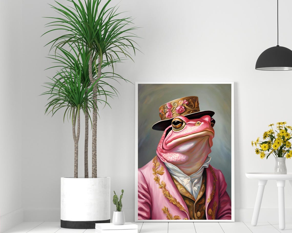 Pink Frog Renaissance Portrait Floral Top Hat Vintage Wall Poster - Image 2