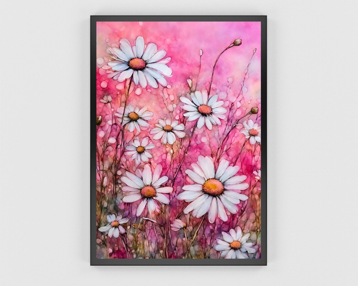 White Daisy Pink Meadow Art Watercolor Wildflower Field Print - Image 3