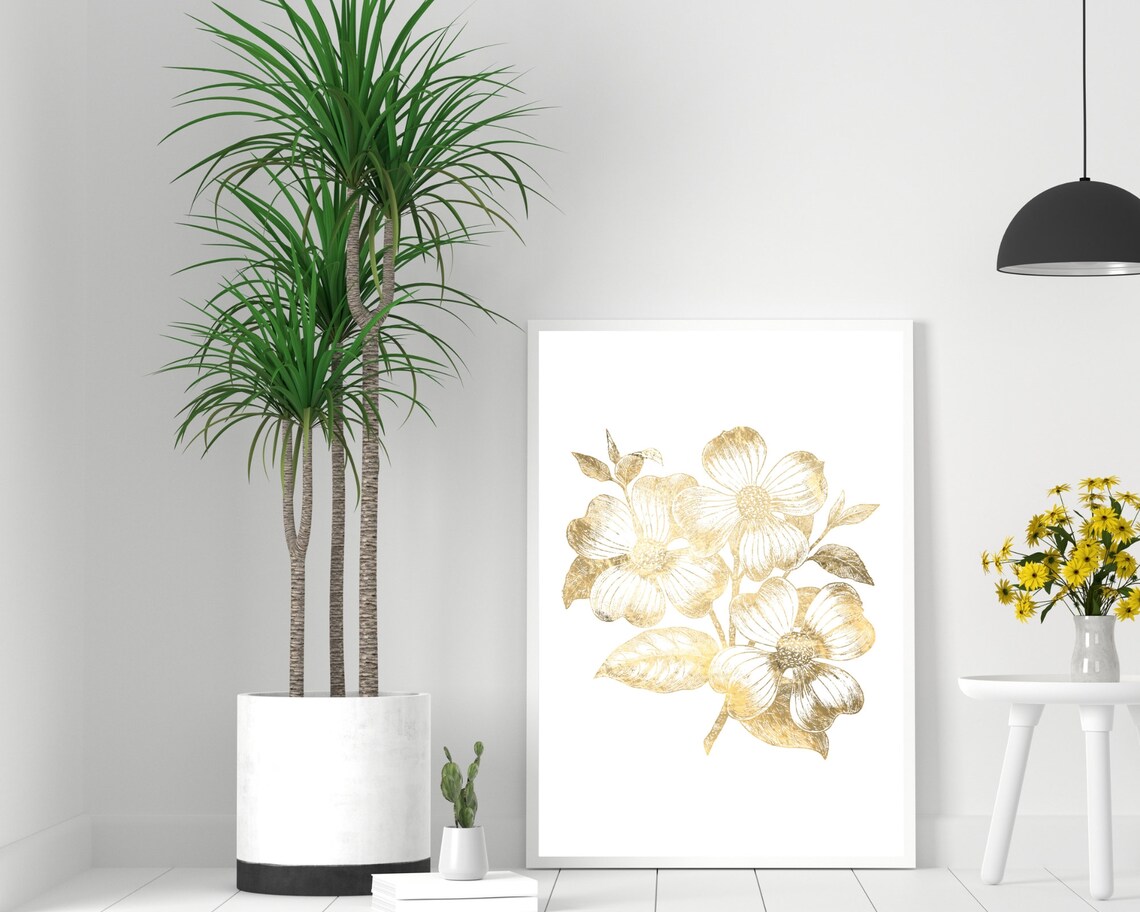 Gold Floral Botanical White Flower Elegant Gold Leaf Art Poster - Image 3