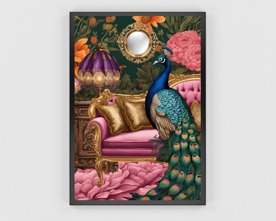 Peacock on a Luxury Sofa Art Print, Maximalist Decor - Image 3