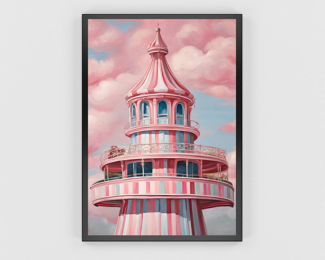 Pink Helter Skelter Tower Under Cotton Candy Clouds Art Poster - Image 3