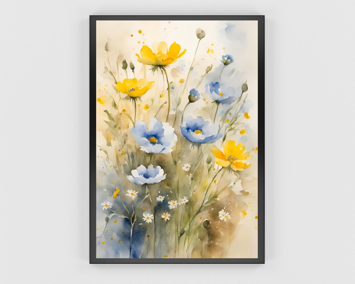Watercolor Wildflower Meadow Yellow Blue Blooms Spring Wall Poster - Image 3
