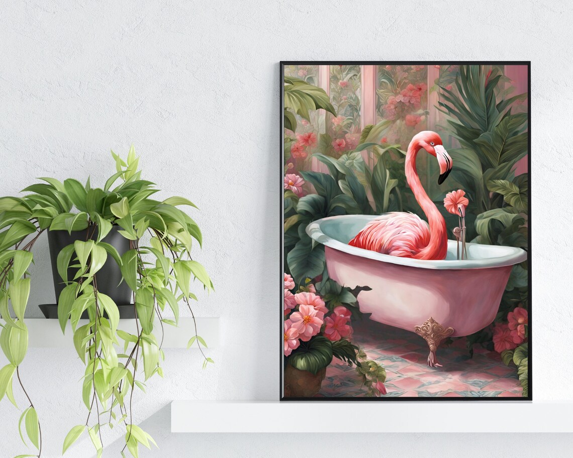 Pink Flamingo Bathtub Tropical Garden Whimsical Bird Art Poster - Image 2