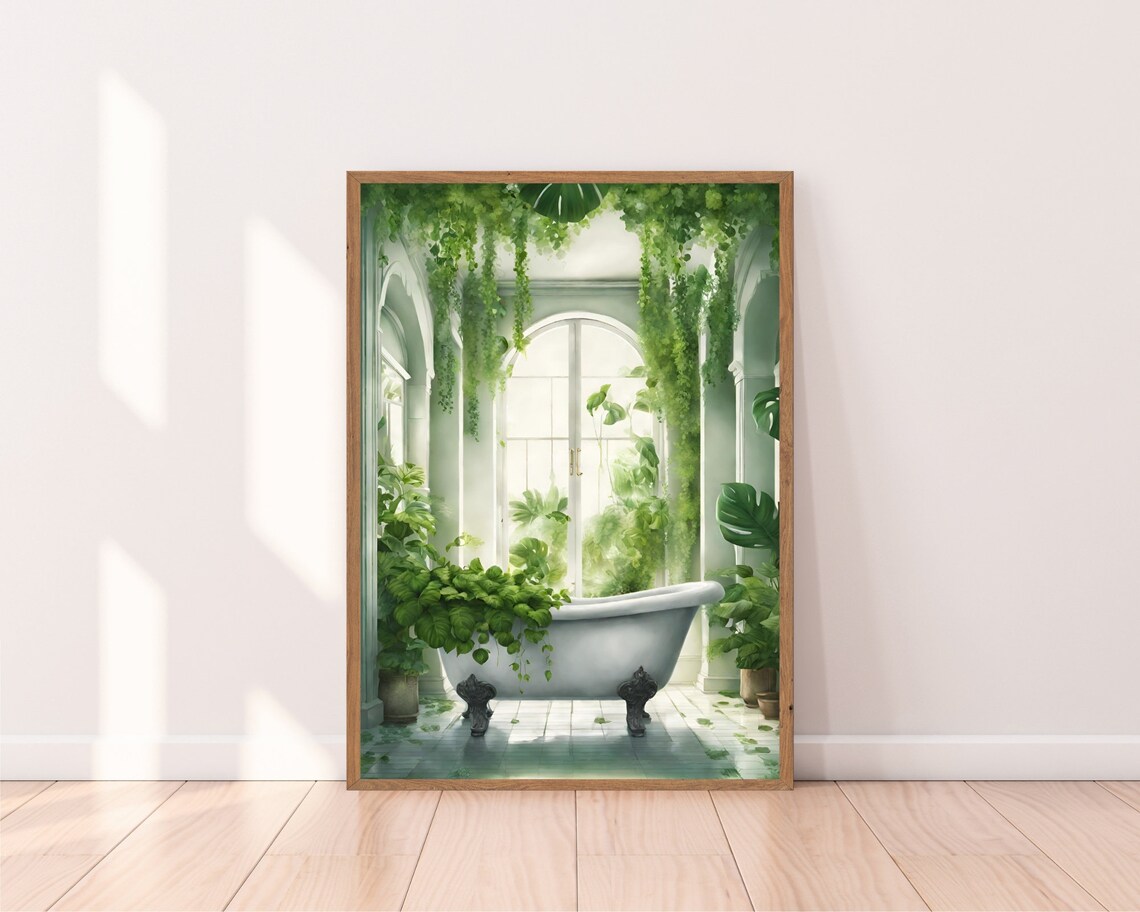 White Clawfoot Tub Greenhouse Plants Bright Botanical Bath Poster - Image 2