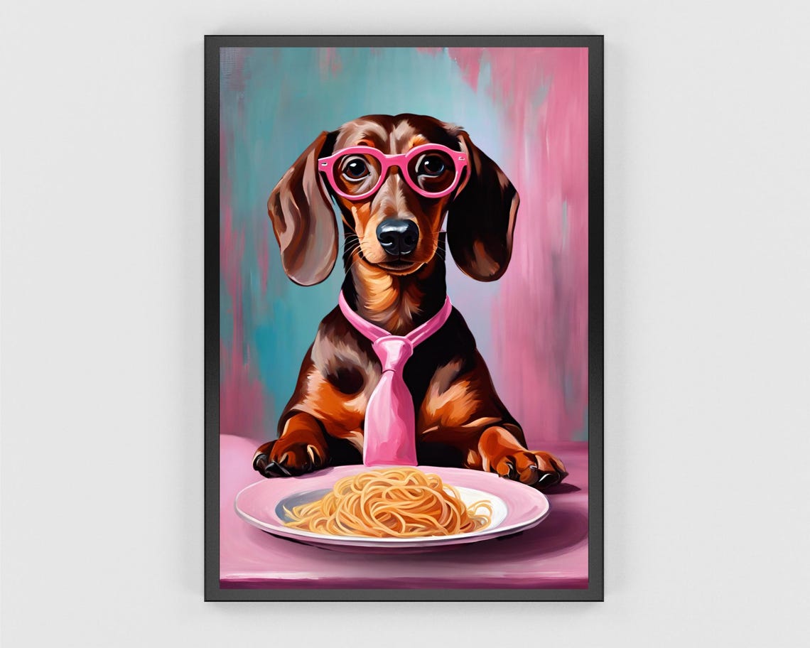 Funny Dachshund in Pink Glasses Eating Spaghetti Dinner Poster - Image 3