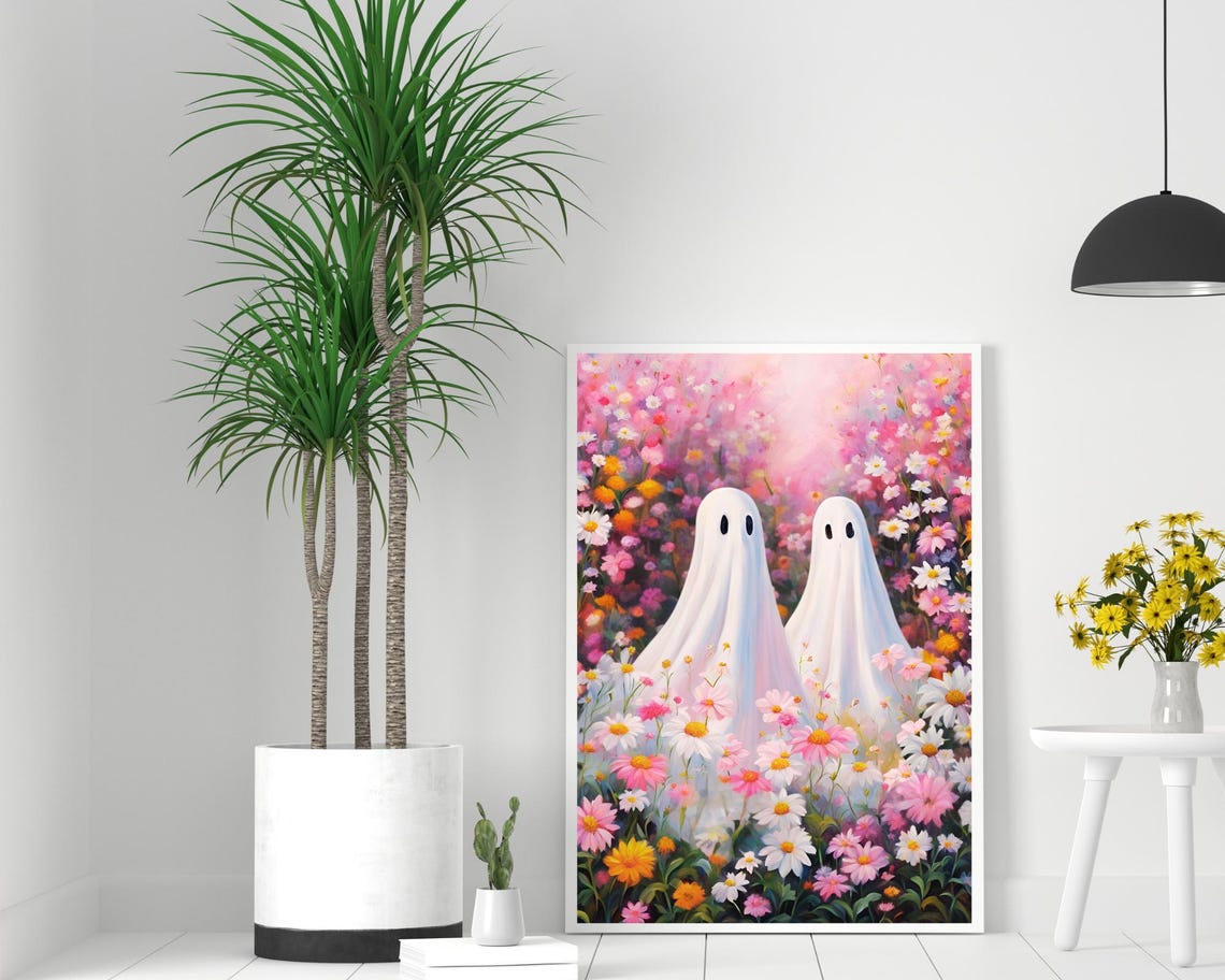 Cute Ghosts In Wildflower Field Halloween Botanical Wall Poster - Image 2