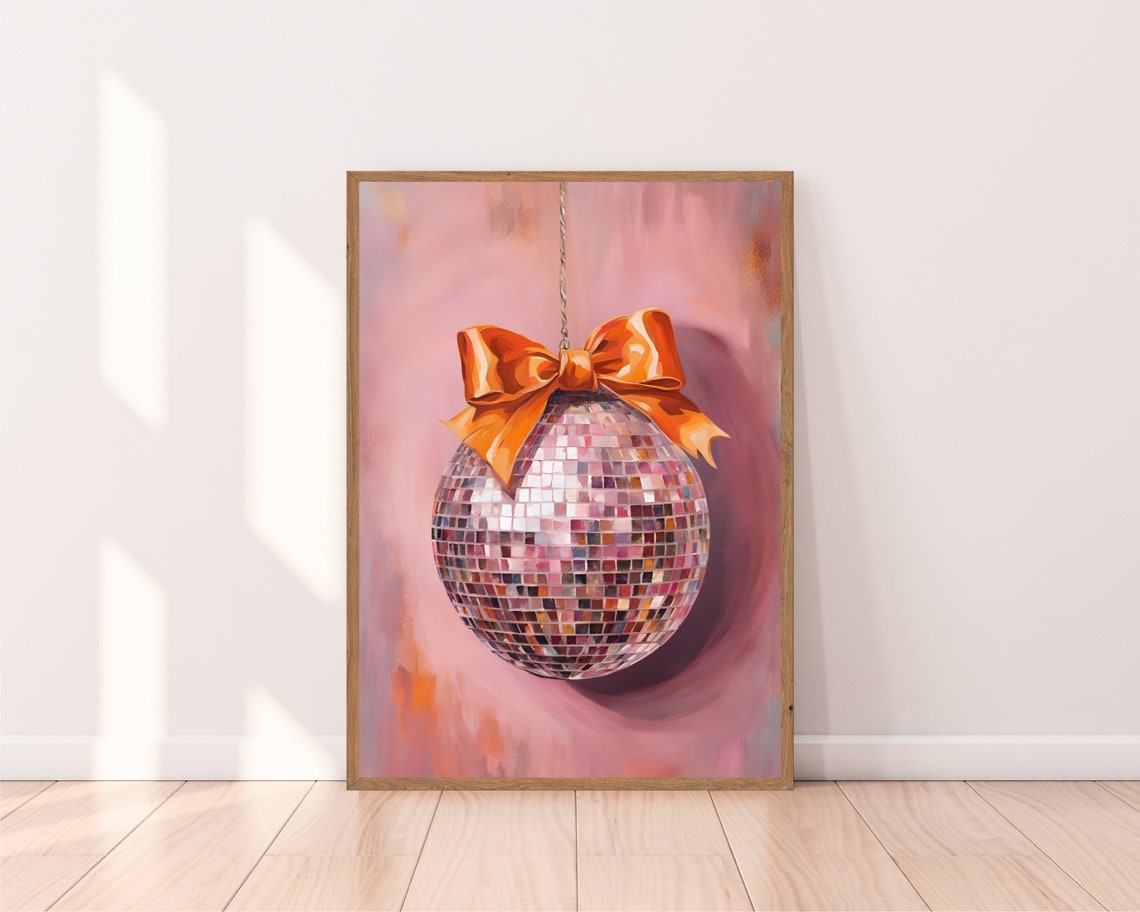 Disco Ball Hanging With Orange Satin Bow Pink Party Wall Poster - Image 2