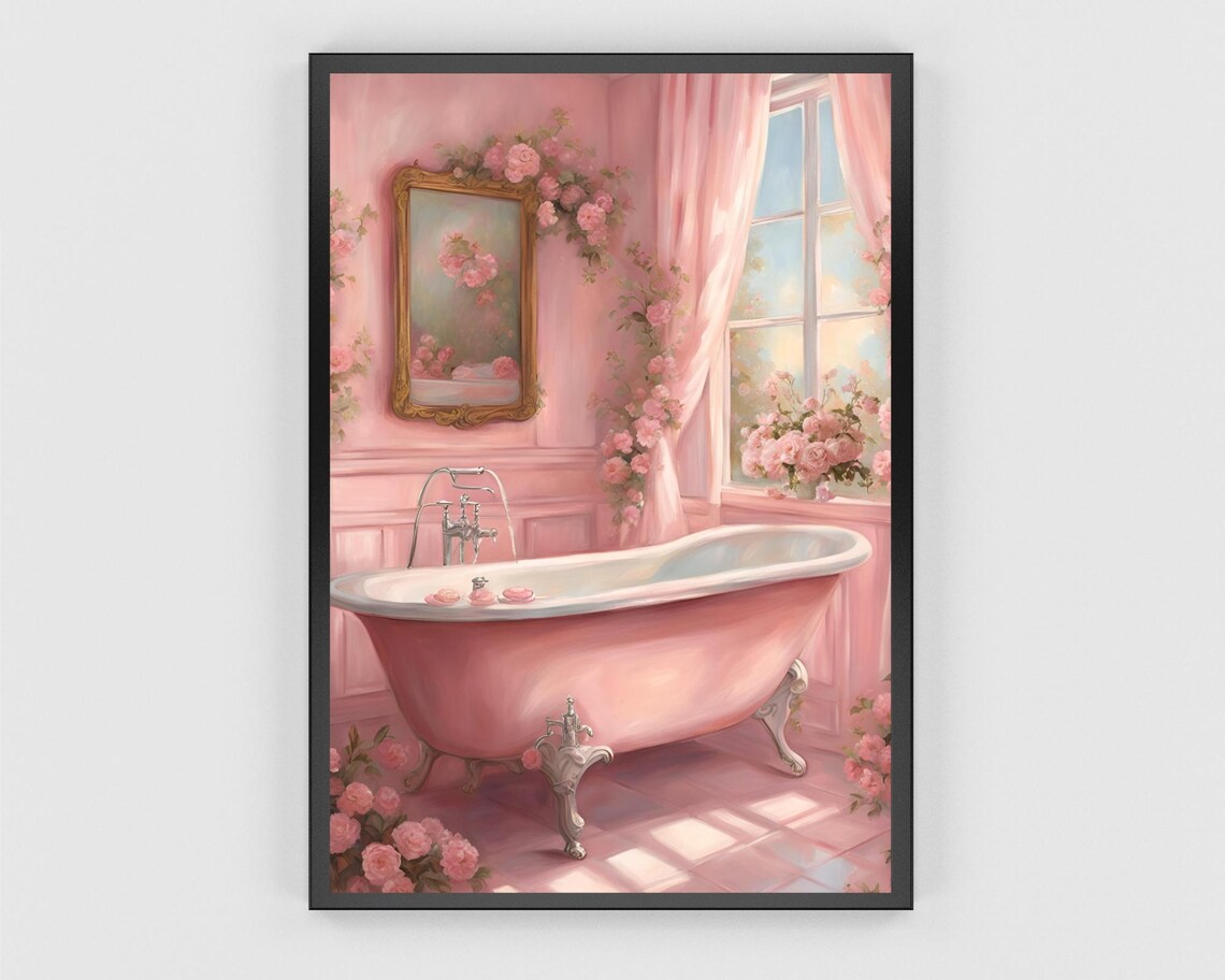 Pink Clawfoot Bathtub in a Floral Vintage Bathroom Art Poster - Image 3