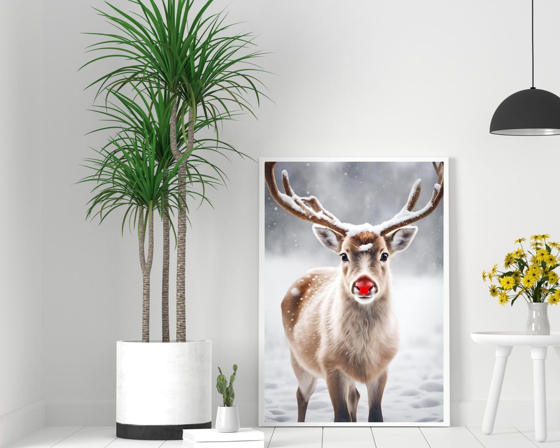 Adorable Red Nose Reindeer Standing in Falling Snow Winter Poster - Image 2
